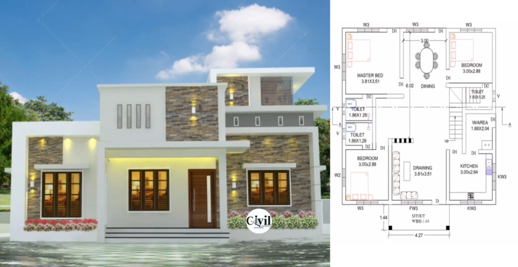 1000 Sq Ft 3BHK Contemporary Style Single Storey House And Free Plan  - 1000 Sq Ft Single Floor House Plans