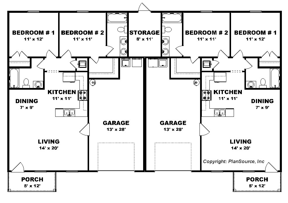 2 Bedroom Duplex Plan Garage Per Unit J0222 13d 2 - 2 Bedroom House Floor Plans With Garage