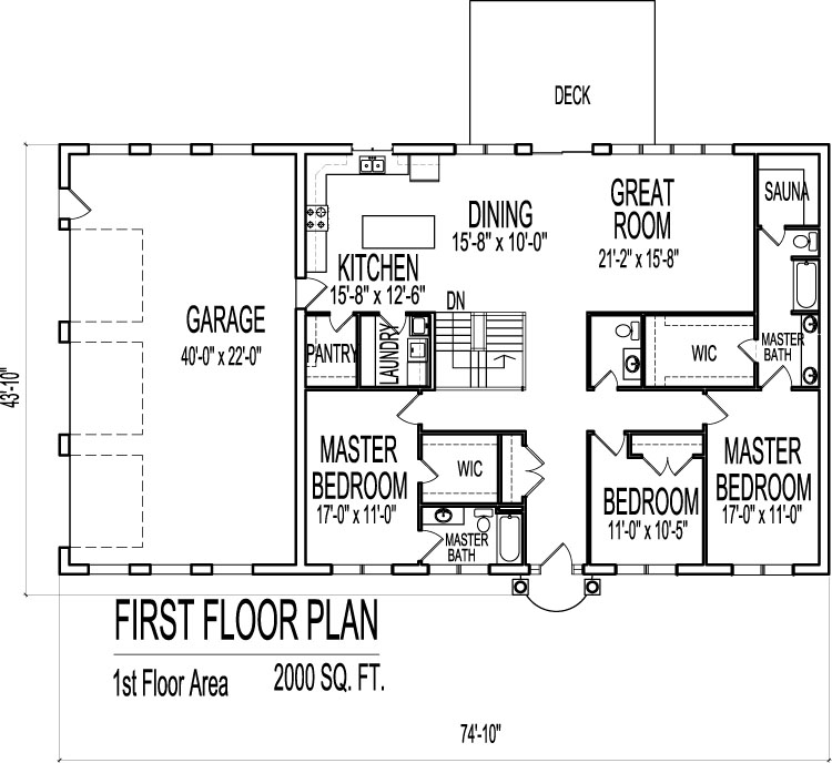 2000 Sq Ft House Plans 3 Bedroom Single Floor One Story Designs - 2 000 Square Foot House Floor Plans