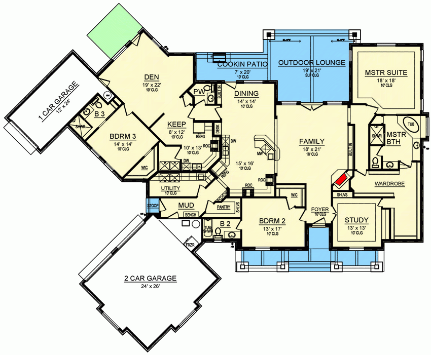 3 Bed Multi Generational House Plan With Angled Garage 36651TX  - Generational House Floor Plans