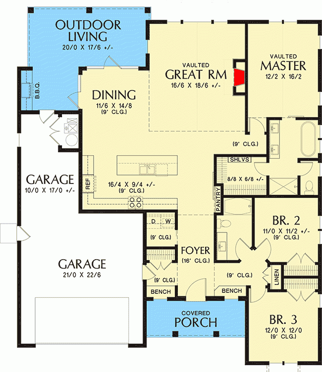 3 Bed New American House Plan With Vaulted Great Room 1878 Sq Ft  - New American House Floor Plans