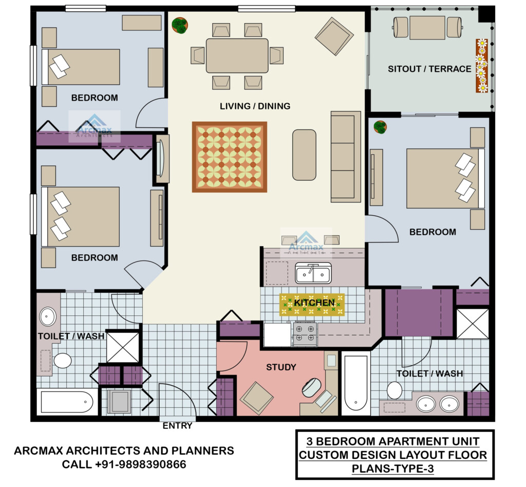 3 BEDROOM APARTMENT UNIT CUSTOM DESIGN LAYOUT FLOOR PLANS TYPE 3  - Apartment House Floor Plans