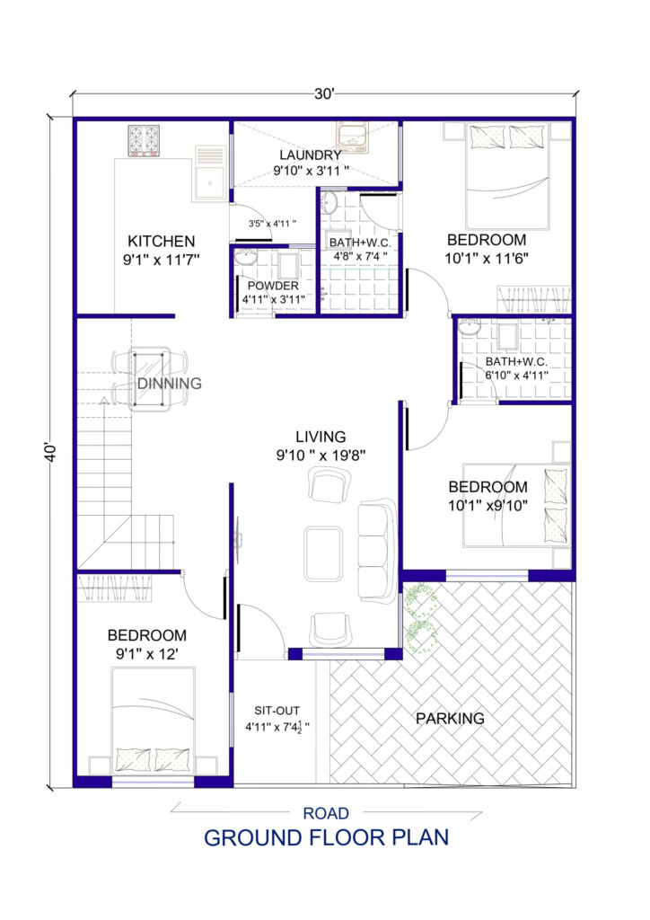 30 X 40 House Plan 3Bhk 1200 Sq Ft Architego - Floor Plans For 30 X 40 House