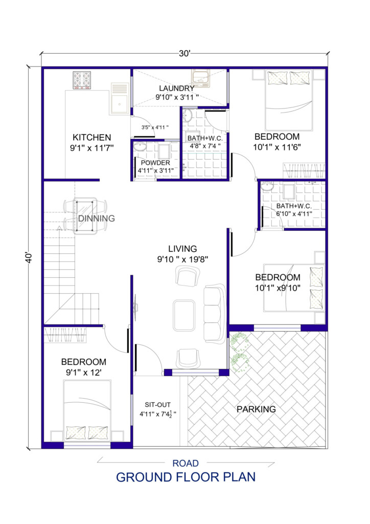 30 X 40 House Plan 3Bhk 1200 Sq Ft Architego - 30X40 Floor Plans House