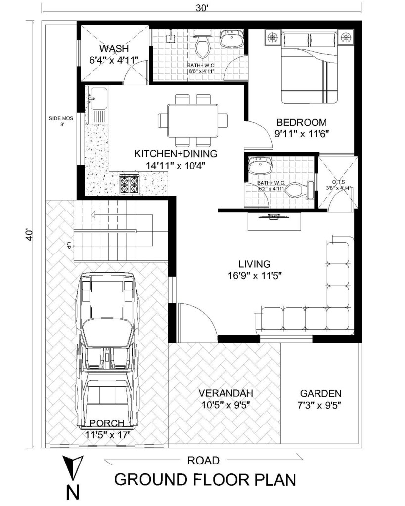 30 X 40 North Facing Floor Plan 2BHK Architego - Floor Plans For 30 X 40 House