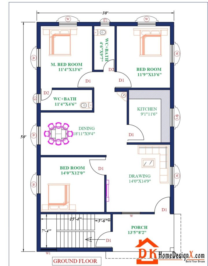 30X50 Modern Affordable House Design DK Home DesignX - 30X50 House Floor Plans