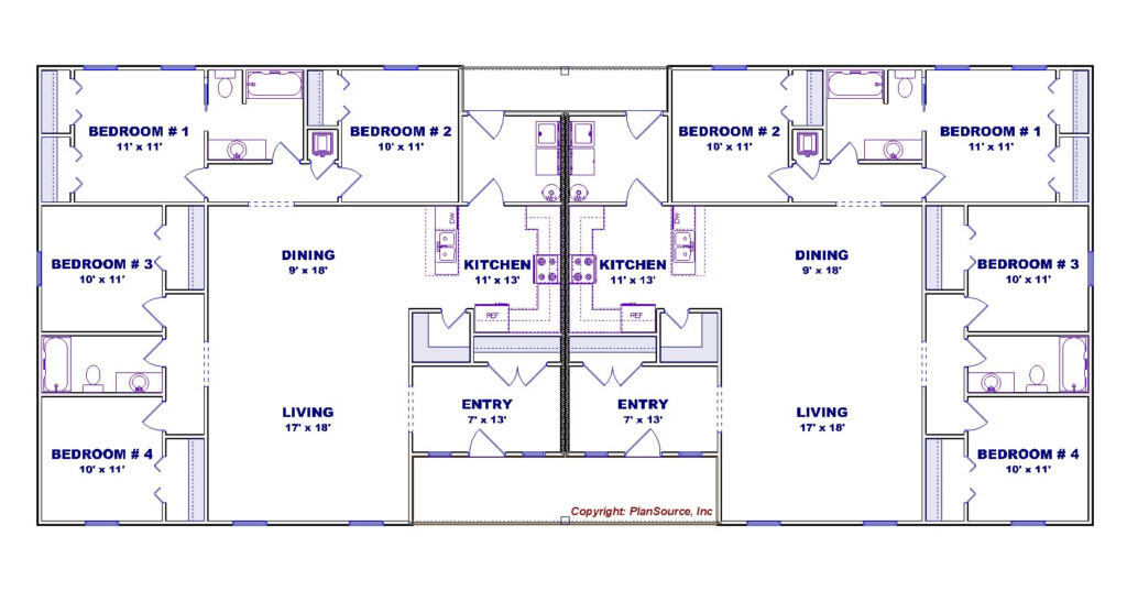 4 Bedroom Duplex House Plan J0602 13d PlanSource Inc - Free Floor Plans For Duplex Houses