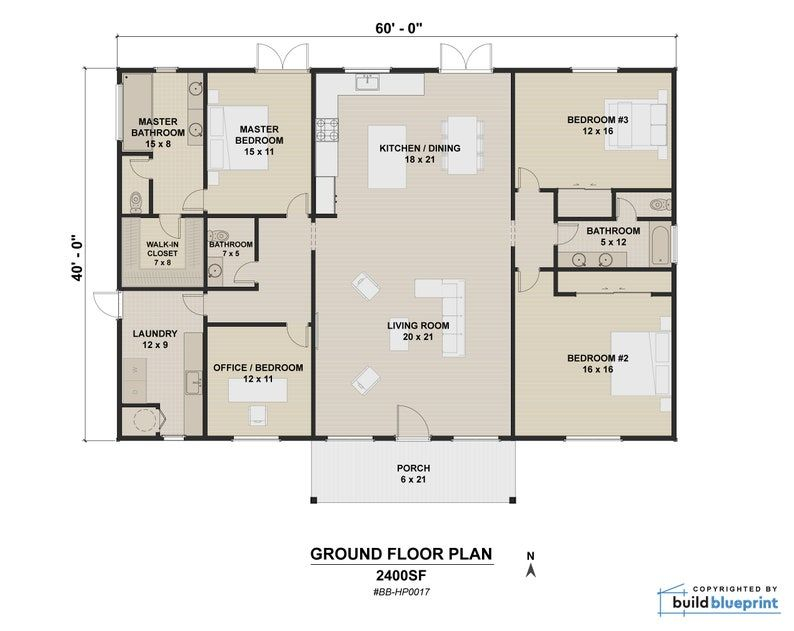 40 X 60 Modern House Architectural Plans Custom 2400SF 4BD 3BA  - 40X60 House Floor Plans