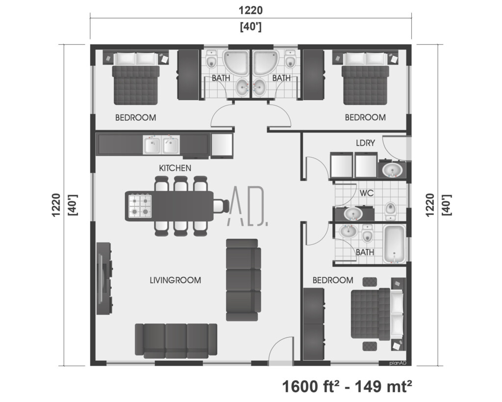 40x40 House Plan Cottage Home Plan 3 Bedrooom 4 Bath Farmhouse 1600  - 40X40 3 Bedroom House Floor Plans