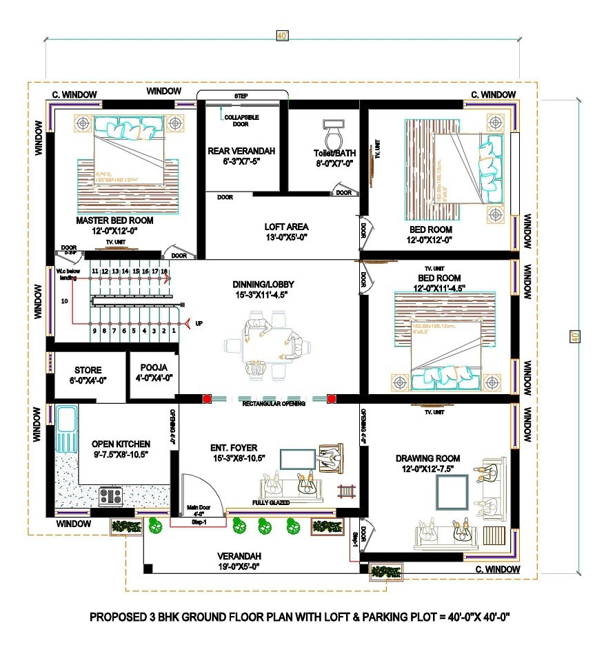 40x40 House Plans Indian Floor Plans - 40X40 3 Bedroom House Floor Plans