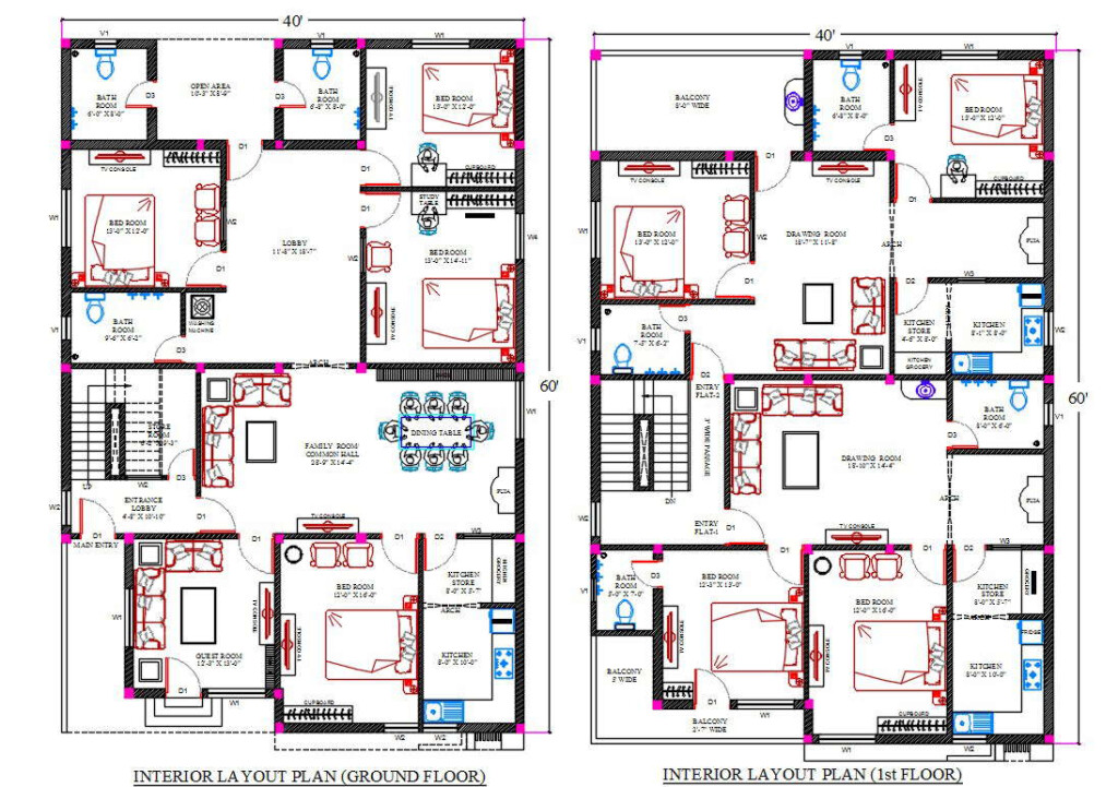 40X60 Feet House Plan With Interior Layout Plan Drawing DWG File Cadbull - 40X60 House Floor Plans