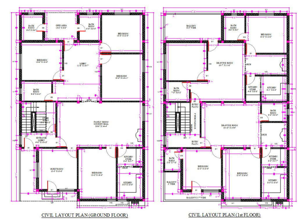 40X60 House Civil Layout Plan Ground Floor And First Floor Drawing  - 40X60 House Floor Plans