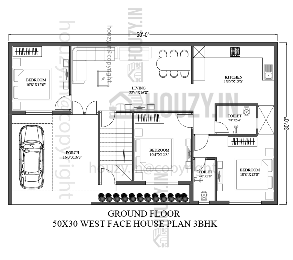 50 X 30 House Plans West Facing 3BHK Ground Floor Plan HOUZY IN - 50 X 30 House Floor Plans