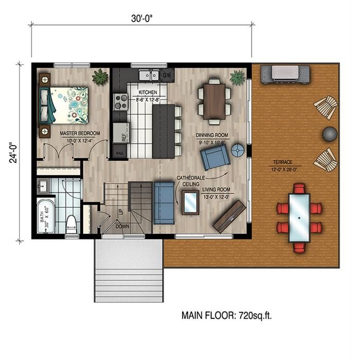 720 Sq Ft Small Contemporary House Plan 1 Bedroom 1 Bath Small  - 720 Square Feet House Floor Plan