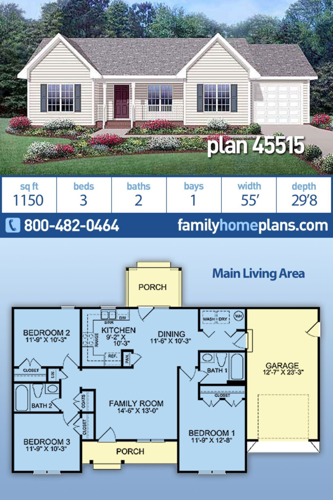 An Affordable 3 bedroom Ranch House Plan 45515 Has 1150 Square Feet Of  - 3 Bedroom Ranch House Floor Plans