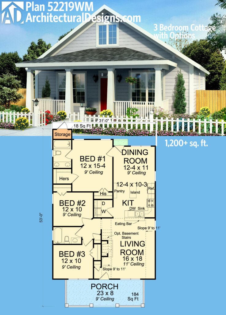 Architectural Designs 3 Bed Cottage House Plan 52219WM Gives You Over  - 3 Bedroom Small House Floor Plans