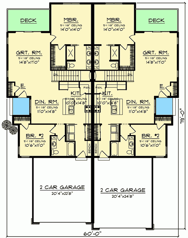 Craftsman Duplex With Matching 2 Bedroom Units 890091AH  - Free Floor Plans For Duplex Houses