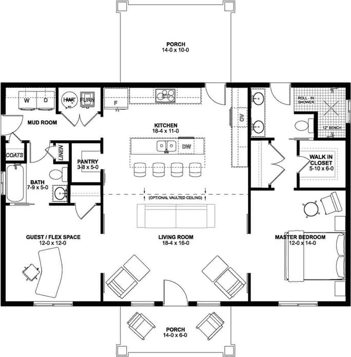 Farmhouse Home Plan 2 Bedrms 2 Baths 1232 Sq Ft 177 1060 - La House Floor Plans