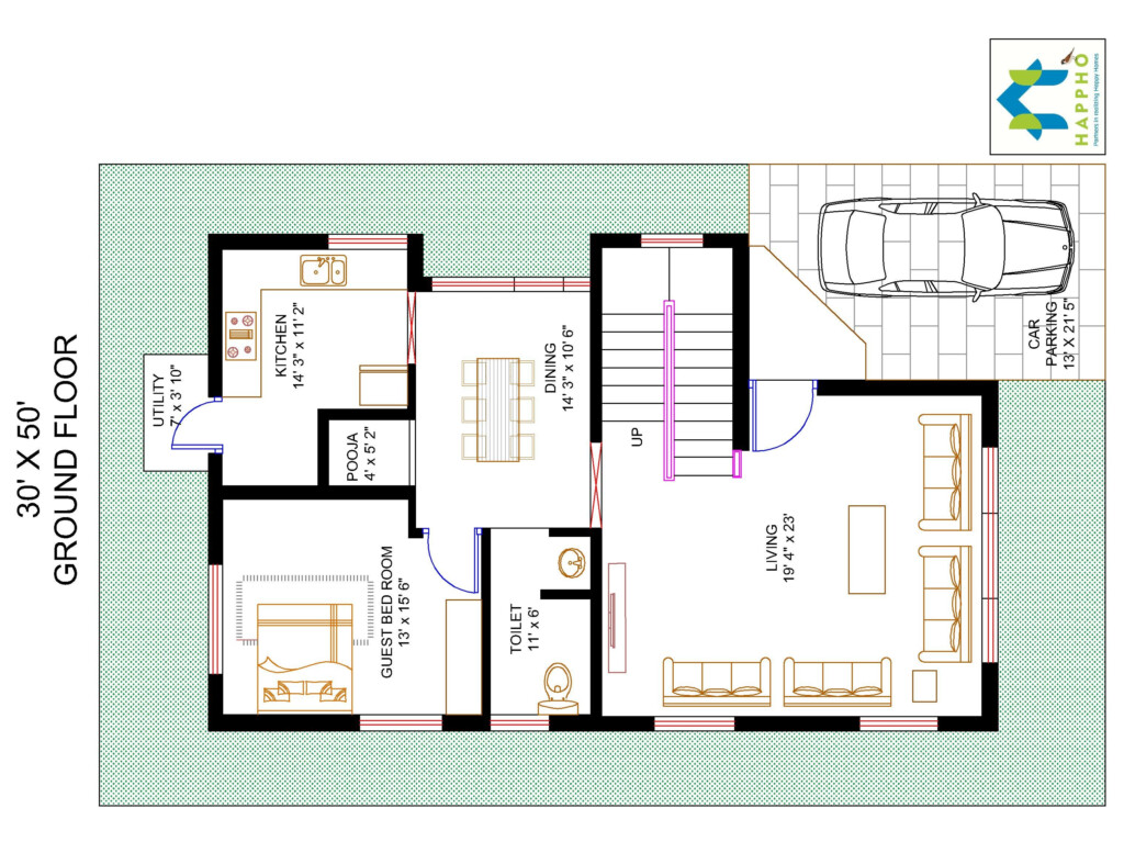 Floor Plan For 30 X 50 Plot 3 BHK 1500 Square Feet 166 SquareYards  - 50 X 30 House Floor Plans