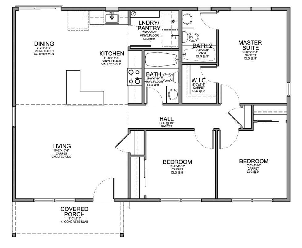 Floor Plan For Affordable 1 100 Sf House With 3 Bedrooms And 2  - 3 Bed 2 Bath House Floor Plans