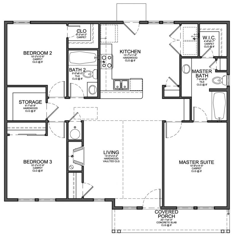 Floor Plan For Small 1 200 Sf House With 3 Bedrooms And 2 Bathrooms  - 3 Bedroom Small House Floor Plans