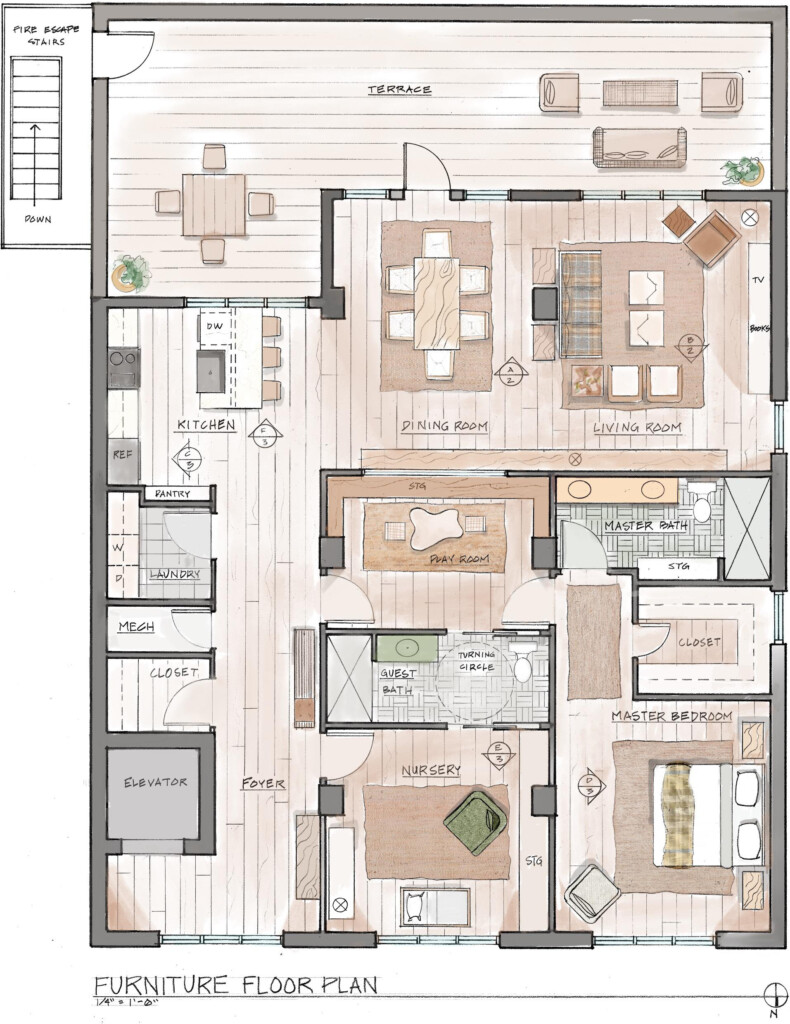 Furniture Floor Plan Hand Draft And Render R InteriorDesign - House Floor Plan With Furniture