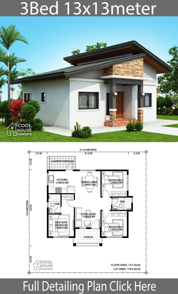 Home Design Plan 13x13m With 3 Bedrooms House Description One Car  - Floor Plan Simple House