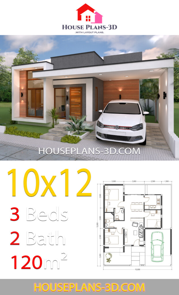 House Design 10x12 With 3 Bedrooms Terrace Roof House Plans 3D - 10X12 House Floor Plan