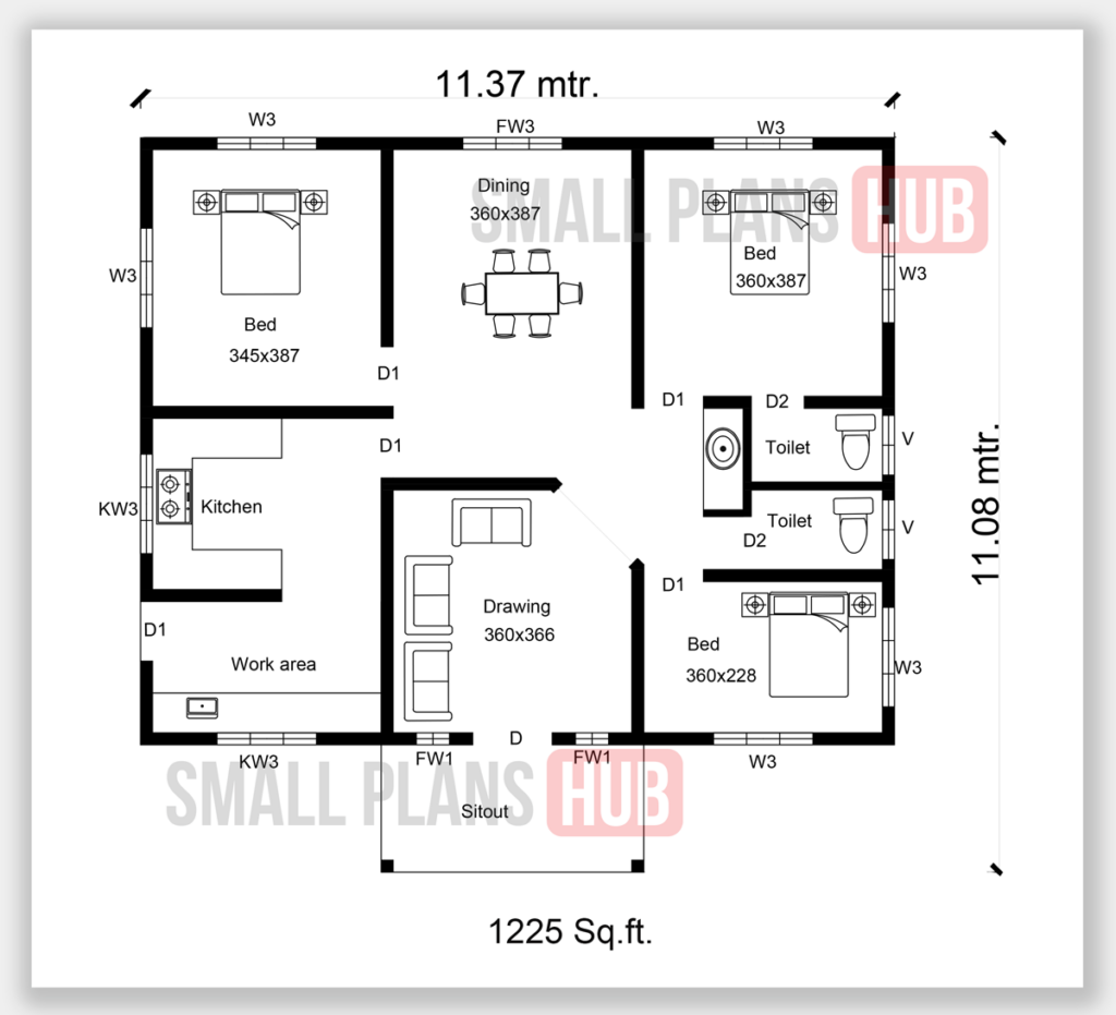 Kerala Model 3 Bedroom House Plans Total 3 House Plans Under 1250 Sq  - Small House Floor Plans 3 Bedroom