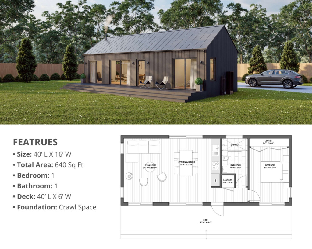 Modern Cabin House 16 X 40 640 Sq Ft Tiny House Architectural Plans  - 16X40 Shed House Floor Plans