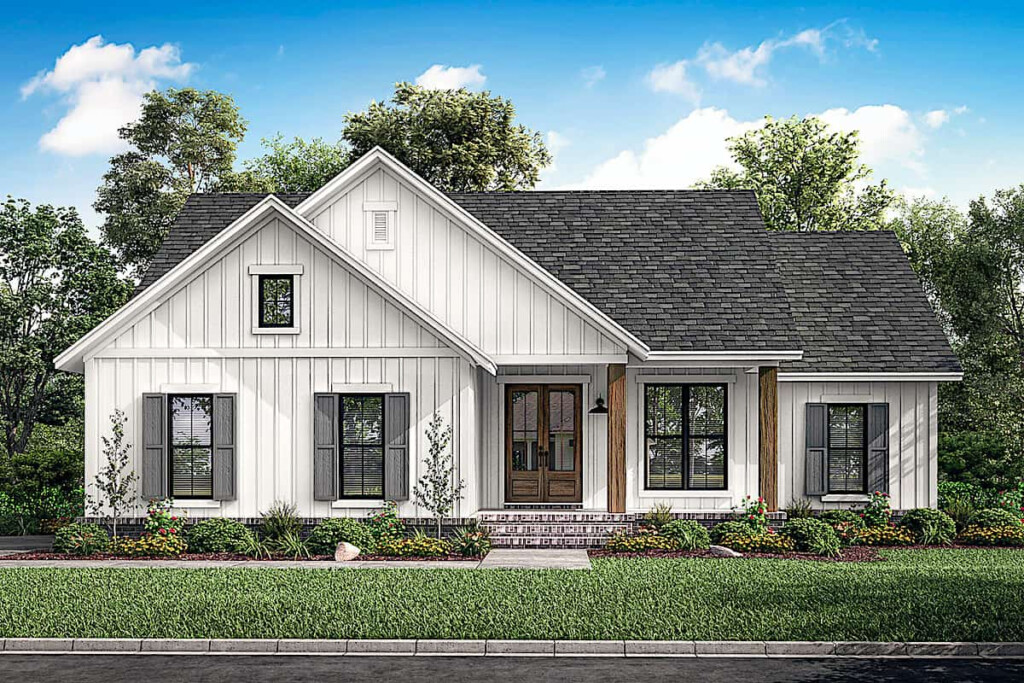 Modern Farmhouse Ranch Plan With Vertical Siding 3 Bed 142 1228 - Ranch House Floor Plans 3 Bedroom