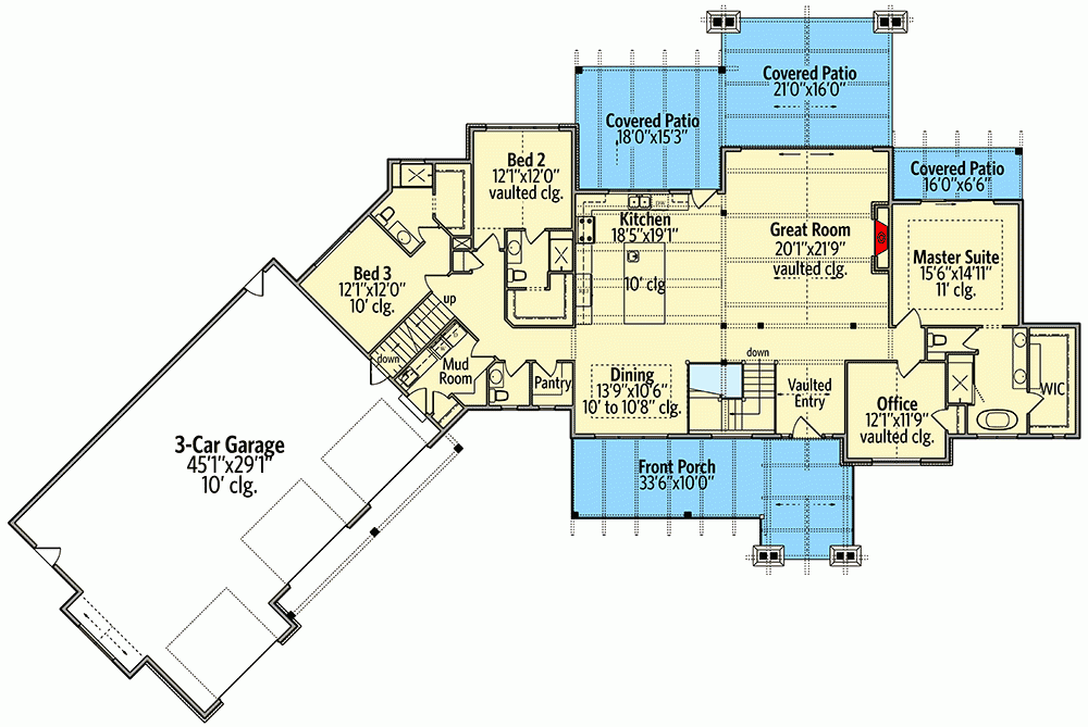 Mountain Craftsman Home Plan With Angled 3 Car Garage 95081RW  - Three Car Garage House Floor Plans