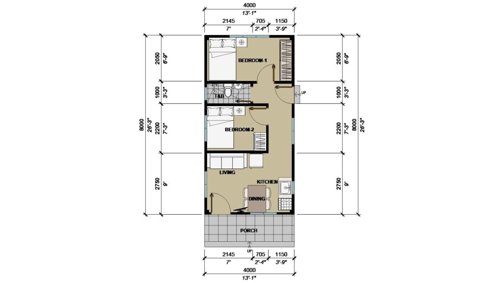 Narrow Small House Floor Plan Low Budget 2 Bedroom 4x8m 13x26ft 32Sqm  - 4X8 House Floor Plan