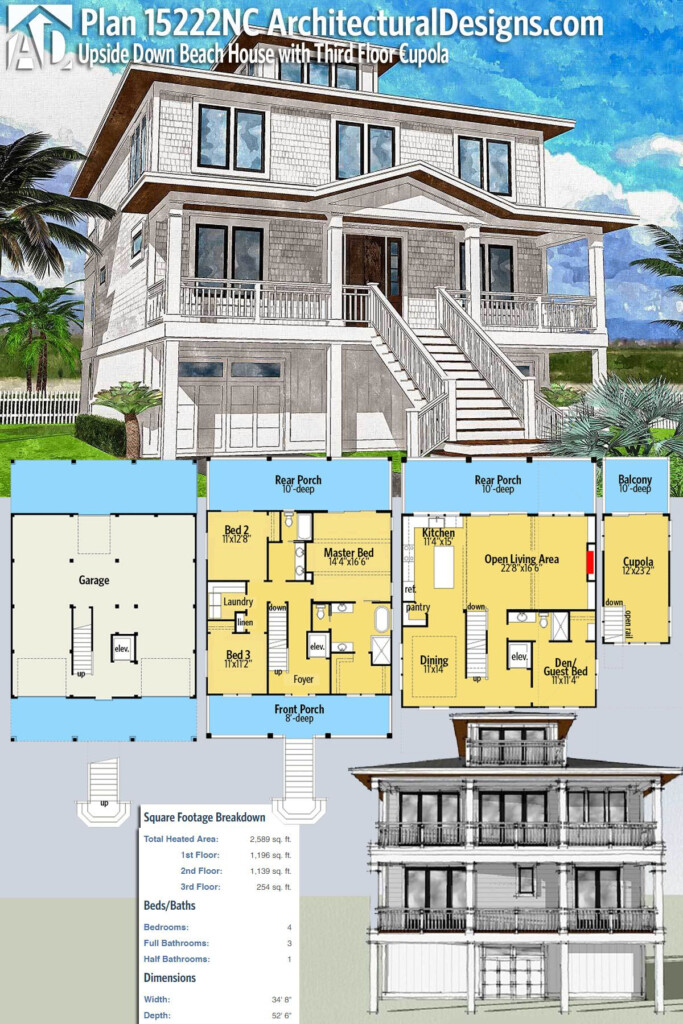 Plan 15222NC Upside Down Beach House With Third Floor Cupola Coastal  - Outer Banks Beach House Floor Plans