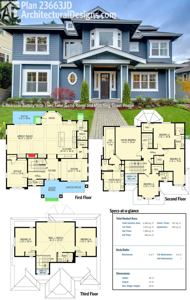 Plan 23663JD 6 Bedroom Beauty With Third Floor Game Room And Matching  - 6 Bedroom House Floor Plans 3D