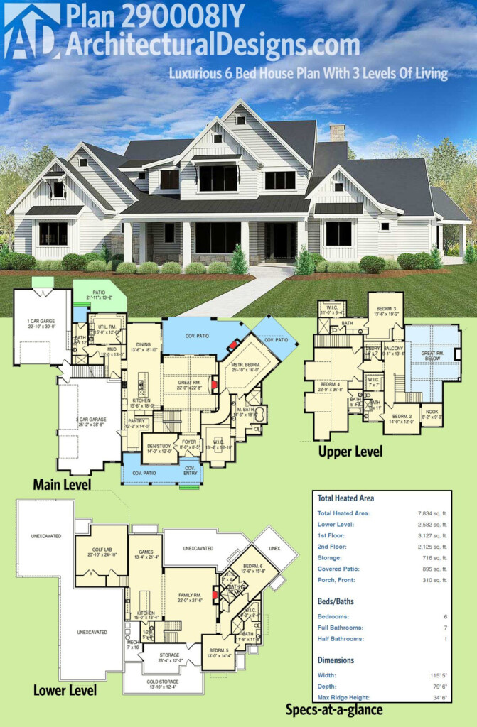 Plan 290008IY Luxurious 6 Bed House Plan With 3 Levels Of Living  - 6 Bedroom House Floor Plan