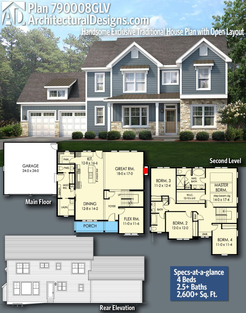 Plan 790008GLV Handsome Traditional House Plan With Open Layout 2661  - Big Family House Floor Plans