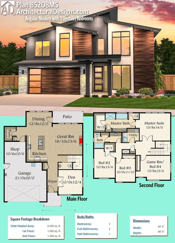 Plan 85208MS Angular Modern House Plan With 3 Upstairs Bedrooms Home  - Modern Floor Plans For Houses