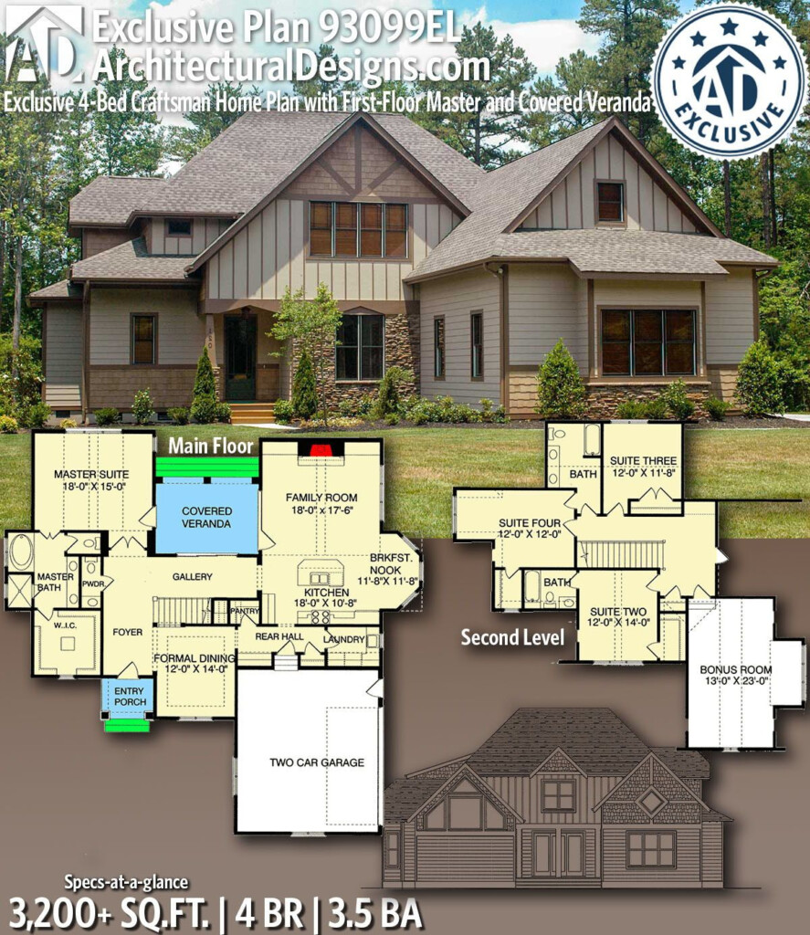 Plan 93099EL Exclusive 4 Bed Craftsman Home Plan With First Floor  - 4 Bedroom House Plans With First Floor Master