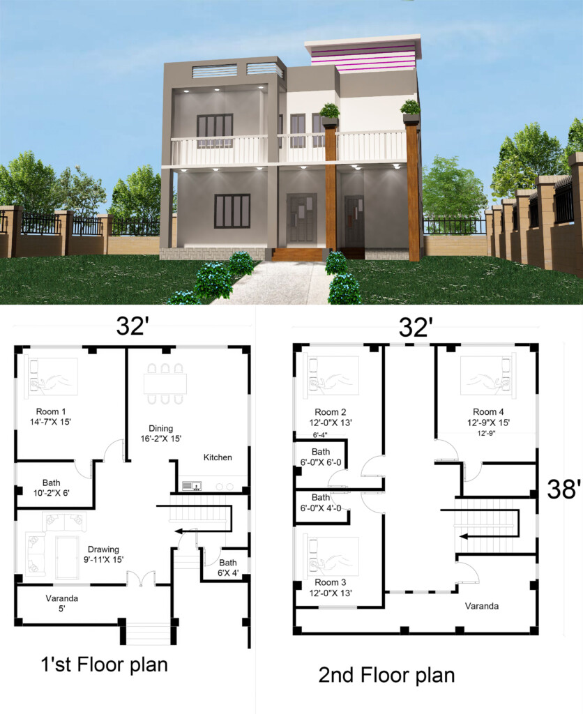 Simple 2 Storey House Design With Floor Plan 32 X40 4 Bed Room Artofit - 2 Story House Floor Plans With Measurements