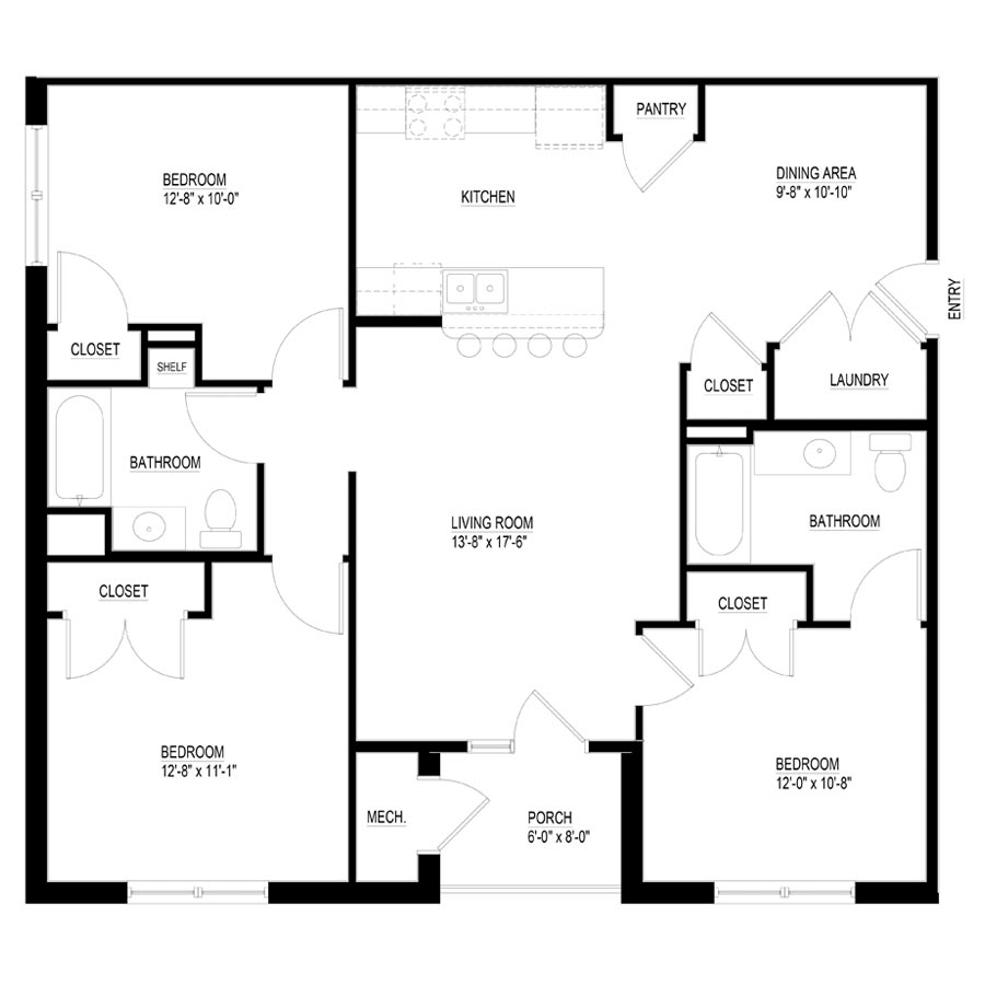 Simple 3 Bedroom Floor Plan With Dimensions Viewfloor co - 3 Bed 3 Bath House Floor Plans