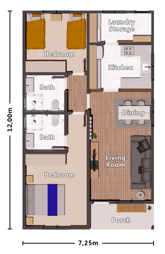 Simple House Design 2 Bedroom House Plan H1 - Simple House Floor Plan 2 Bedroom