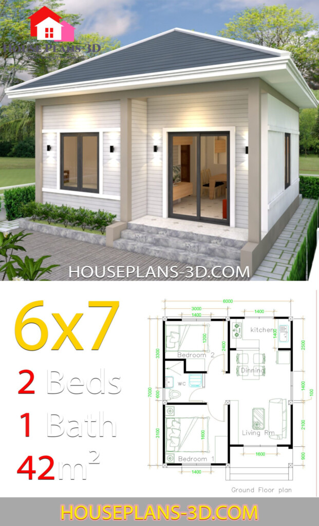 Simple House Plans 6x7 With 2 Bedrooms Hip Roof House Plans 3D Br  - Simple House Floor Plan 2 Bedroom