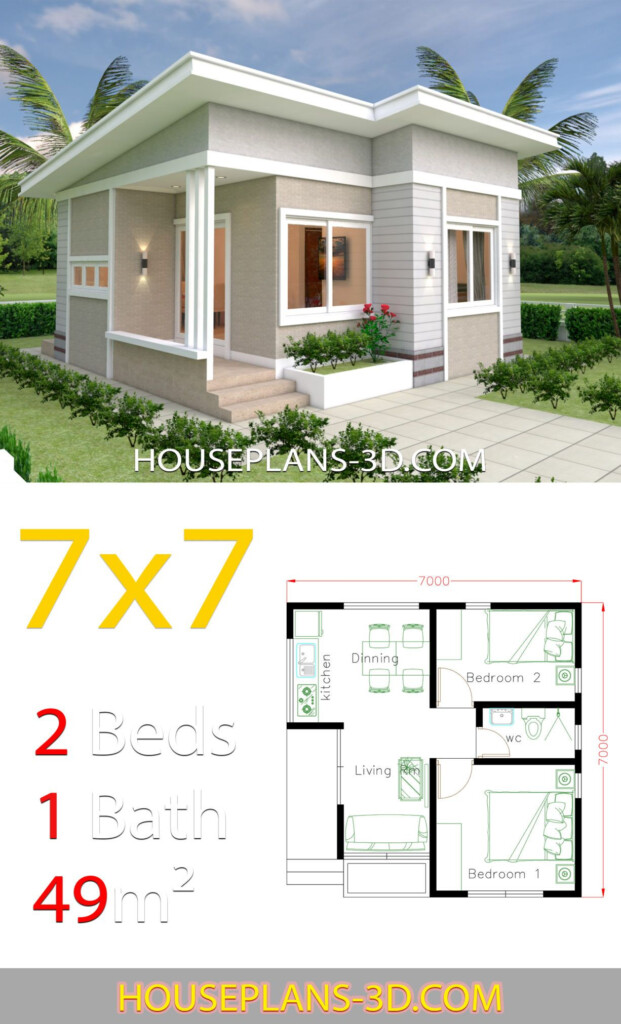 Small House Design 7x7 With 2 Bedrooms House Plans 3D Small House  - Tiny House 2 Bedroom Floor Plans