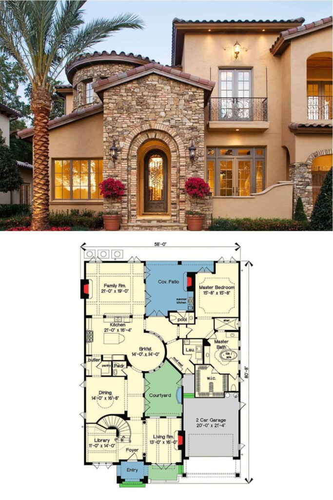 Stunning Mediterranean Exterior Of This 2 Story 4 Bedroom European  - 2 Story Mediterranean House Floor Plans