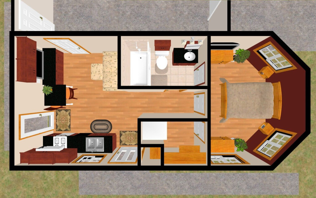 The 399 Sq Ft Sure Demure s 3D Top View Without Bedroom loft Instead  - Tiny House 3D Floor Plans