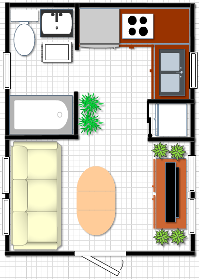 Tiny Home Plan 12x16 With Mobile Home Size Tub Full Size Fridge Futon  - 12X16 Tiny House Floor Plans