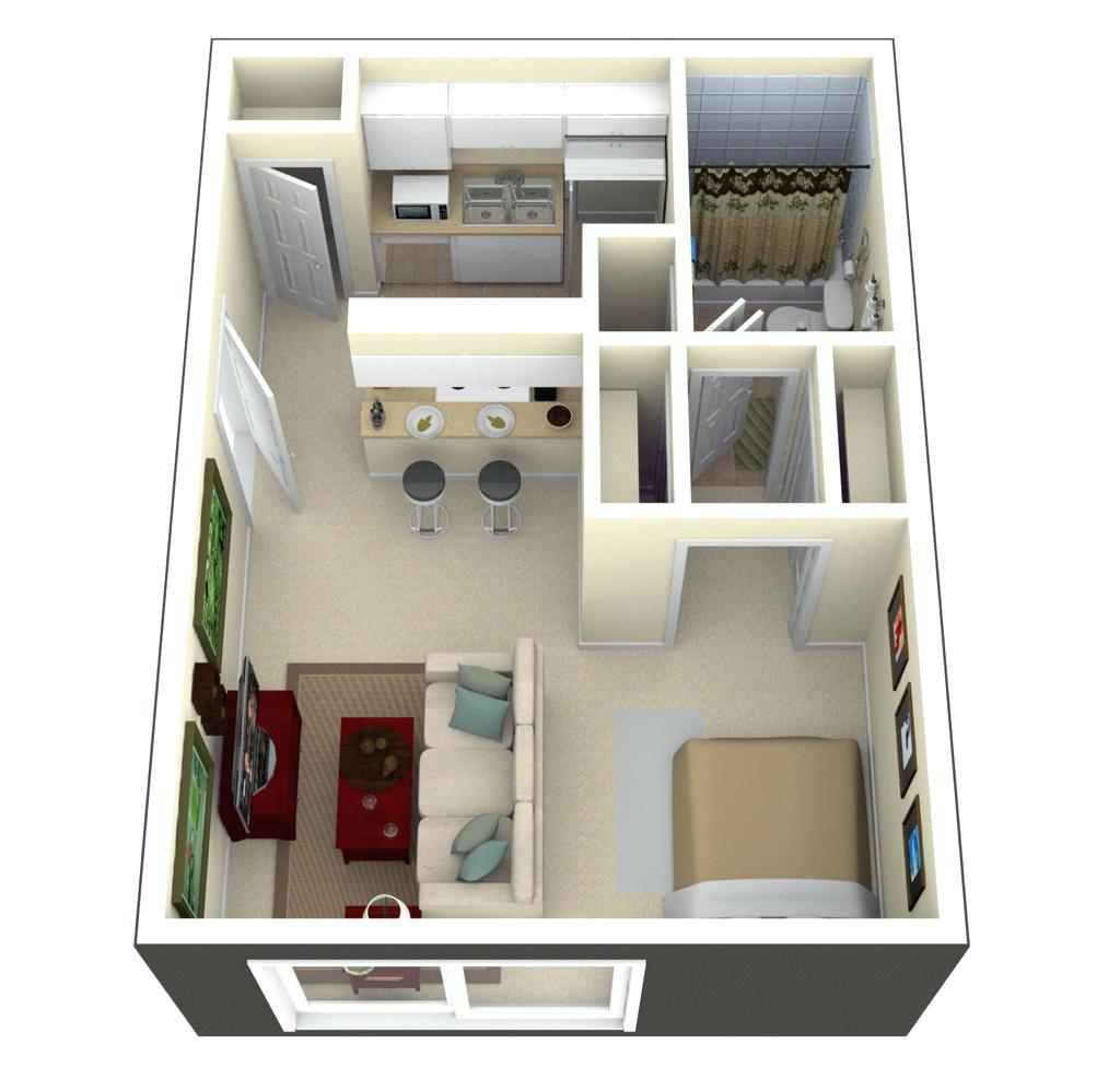 Tiny House Floor Plans And 3d Home Plan Under 300 Square Feet Acha Homes - Tiny House 3D Floor Plans