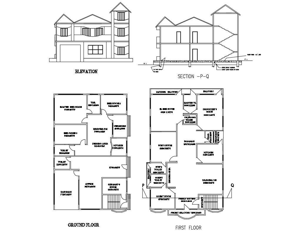 Two level House Elevation Section Ground And First Floor Plan Details  - 2 Level House Floor Plans