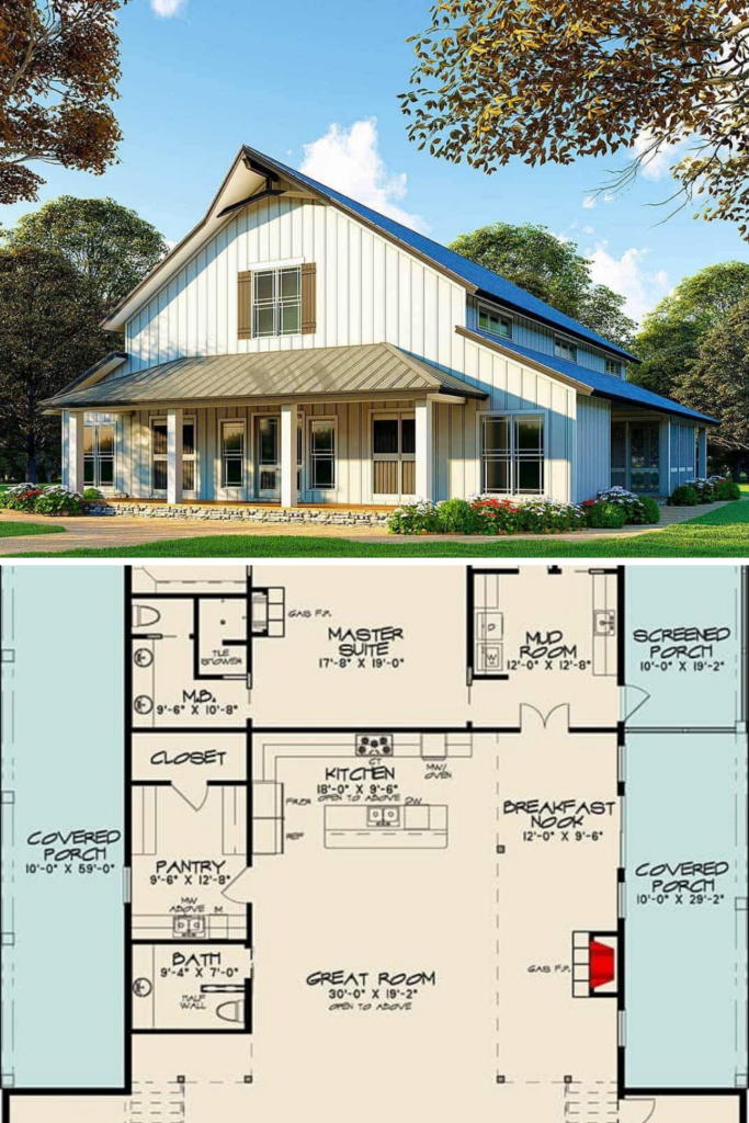 Two Story 3 Bedroom Barndominium Inspired Country Home Floor Plan  - Simple Barn House Floor Plans